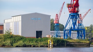 Die ehemalige Elsflether Werft an der Hunte mit Gebäuden mit Logo und Kränen die aufs Wasser herausragen