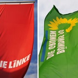 Das Bild zeigt zwei Flaggen: Auf der linken Seite eine rote Flagge mit der Aufschrift "DIE LINKE", auf der rechten Seite grüne eine Flagge mit der Aufschrift "BÜNDNIS 90 DIE GRÜNEN".