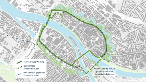 Eine Karte von Bremen, auf der die Fahrradroute Wallring eingezeichnet ist.