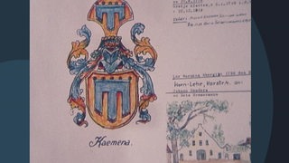 Ein Familienwappen auf einem Blatt Papier gezeichnet. Darunter der Familienname Kaemena.