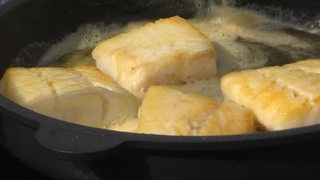Vier Fischstücke liegen in einer mit geschmolzener Butter befüllten Pfanne.