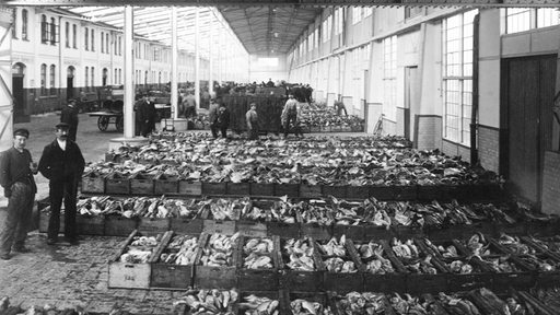 Versteigerung im Fischereihafen Halle III um 1920