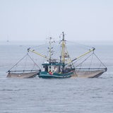 Ein Fischkutter zieht in der Deutschen Bucht nahe der Elbmündung seine Netze durch das Wasser der Nordsee.