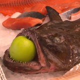 Ein großer Fisch mit einem Apfel im Mund auf Eis.