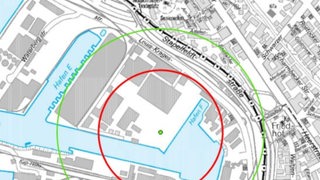 Das Bild zeigt den Evakuierungsradius um die Fundstelle der Fliegerbombe im Ortsteil Industriehäfen.