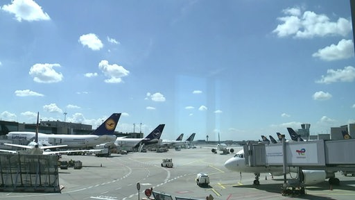 Blick aus dem Flughafen Terminal auf den Flugzeugparkplatz.