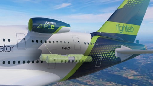 Ein Airbus ZEROe simuliert in der Luft. 
