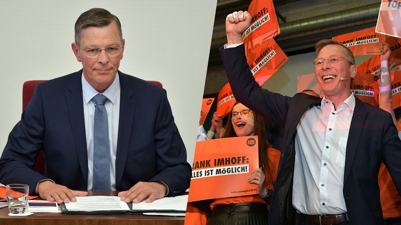 Bildcollage von Frank Imhoff. Links: Frank Imhoff nimmt am Bremer Parlamentsgebäude an der konstituierenden Sitzung der Bremischen Bürgerschaft teil. Rechts: Frank Imhoff auf einer Wahlkampfveranstaltung
