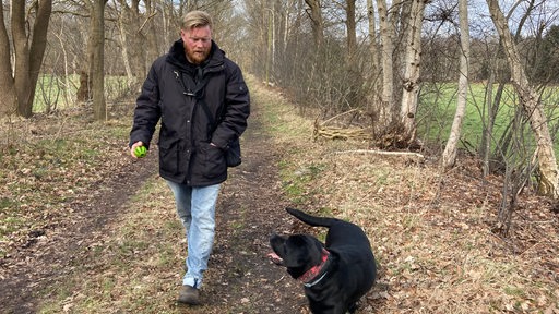 Ein Mann trägt einen kleinen grünen Ball und läuft neben seiner schwarzen Labradorhündin einen Feldweg entlang.