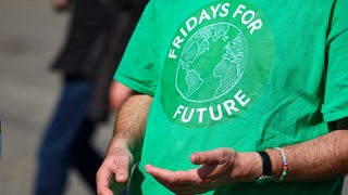 Ein Teilnehmer einer Fridays-for-Future-Demonstration trägt ein grünes T-Shirt der Organisation. 