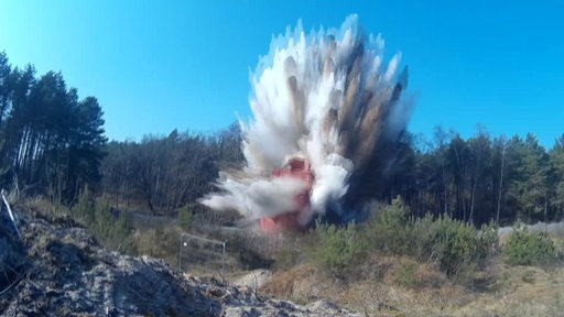Eine Explosion vor einem Waldstück, weil eine Bombe entschärft wird.