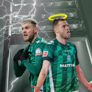 Marvin Ducksch, links als Teufel und rechts als Engel