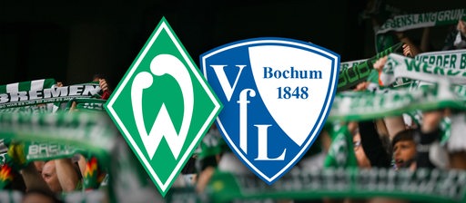 Grafik zeigt die Vereinslogos vom VfL Bochum und Werder Bremen, im Hintergrund Werderfans. Schriftzug: Highlights
