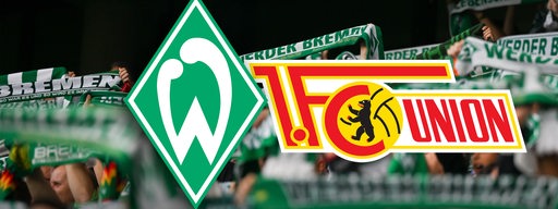Grafik zeigt die Vereinslogos vom Union Berlin und Werder Bremen, im Hintergrund Werderfans. Schriftzug: Highlights