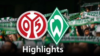 Grafik zeigt die Vereinslogos  von Werder Bremen und Mainz 05t, im Hintergrund Werderfans. Schriftzug: Highlights