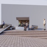 Eine Computervisualisierung des geplanten Gedenkorts. Sechs Personen stehen oder sitzen auf der Metallinstallation, die das englische Wort Force buchstabiert.