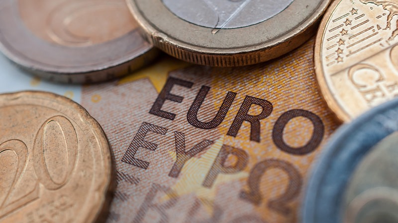 Mehrere Euro-Münzen liegen auf einem Euro-Schein.