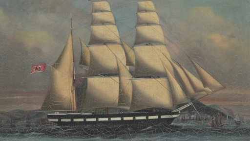 Ein altes Gemälde von einem Segelschiff.