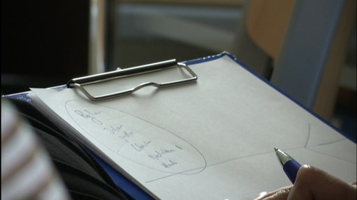 Ein Klemmbrett mit Notizen und ein Kugelschreiber, der von einer Hand gehalten wird.