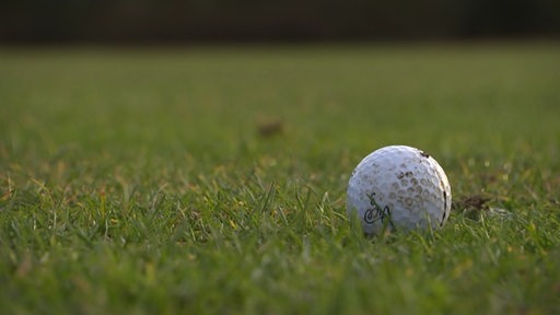 Ein Golfball liegt auf einer Wiese.