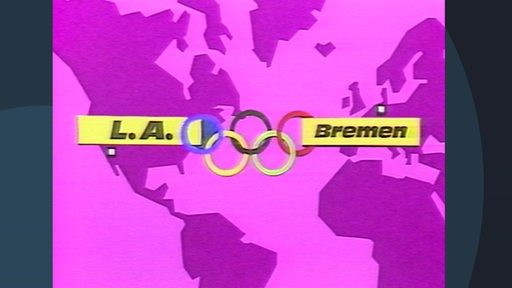 Eine Grafik auf der eine lila Weltkarte zu sehen ist auf der Los Angeles und Bremen eingezeichnet sind. Dazwischen sieht man die fünf olympischen Ringe.