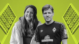 Clemens Fritz und Kirsten Sander stehen vor einem grünen Hintergrund