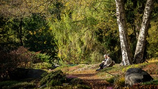 Zwei Frauen sitzen auf einer Bank im Rhododendronpark.