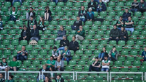 Blick auf die Tribüne des Weserstadions, wo mit Abstand kleine Gruppen von Werder-Fans verteilt sitzen.
