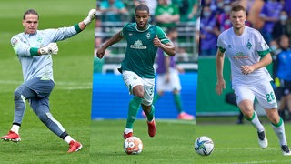 Werder-Torwart Luca Plogmann, Werder-Verteidiger Lars Lukas Mai und Werder-Verteidiger Mbom (Bildmontage.)