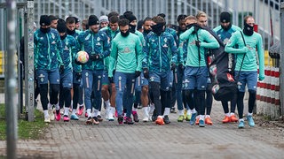 Eine große Gruppe Werder-Spieler auf dem Weg zum Trainingsplatz.