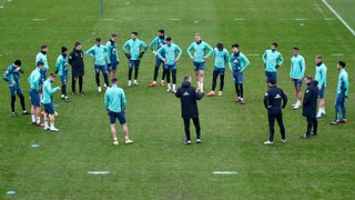 Werder-Coach Ole Werner steht auf dem Trainingsplatz umringt von seinen Spielern und erklärt etwas.