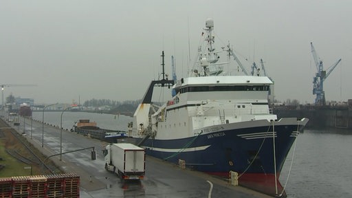 Ein großes Schiff steht im Hafen von Bremerhaven.