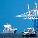 Mehrere Schiffe liegen neben Kränen im Hafen.