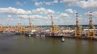 Blick auf einen Hafen mit Container, Krane und Schiffen.