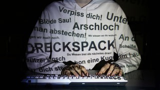 Der Oberkörper einer Person mit Computertastatur wird mit Hasskommentaren angeleuchtet, wie "Du Arschloch", "Dreckspack" oder "Verpiss dich!".