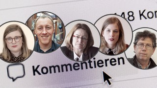 Fünf Fotos von Politikern, darunter ein Kommentieren-Button einer Socialmedia-Plattform.