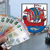 Blick auf das Klimahaus und Teil des Hafens in Bremerhaven, davor das Wappen von Bremerhaven und eine Hand voller Geldscheine.