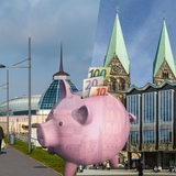 Collage zeigt die Skyline von Bremerhaven, die Bürgerschaft und den Dom in Bremen und davor ein Sparschwein mit Euroscheinen im Schlitz.