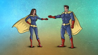 Zu sehen sind zwei Comic-Figuren, die Heldin und Held darstellen. 