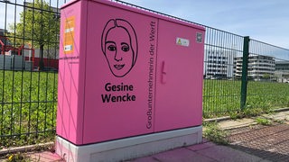 Ein pinker Stromkasten mit einem Gesicht drauf.