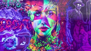 Graffiti mit Personen im Neoneffekt ziert eine Mauer 