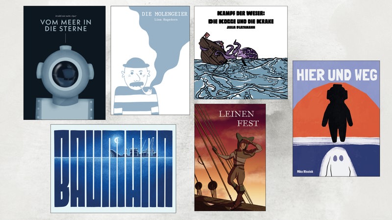 Cover der ausgestellten Bücher von Studentinnen und Studenten der Hochschule Bremerhaven zum Thema "Bremer Kogge"