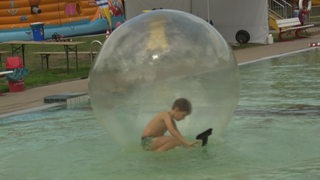 Ein Junge, der in einem riesigen Plstikball in einem Schwimmbecken spielt.