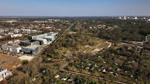 Eine Luftaufnahme des Gebiets an der Horner Spitze, links die Gebäude des Technologieparks