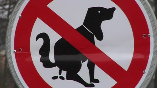 Ein rotes verbots-Schild auf dem ein Hund beim koten abgebildet ist. 