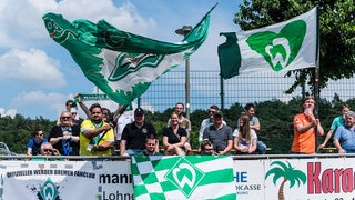 Mehrere Werder-Fans feuern die Bremer beim Testspiel gegen Blau-Weiß Lohne an.