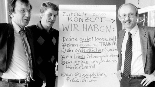 Willi Lemke, Dr. Franz Böhmert und Trainer Otto Rehhagel posieren 1981 vor einem Flipchart.