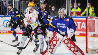 Eishockey-Spieler der Kölner Haie verteidigen das Tor gegen die Fischtown Pinguins.