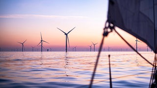 Windpark auf der Nordsee bei Sonnenuntergang