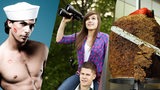 Bildmontage: Ein Mann mit freiem Oberkörper und Matrosenmütze, ein Mann, der eine Frau mit Fernglas auf den Schultern trägt und ein veganer Döner.